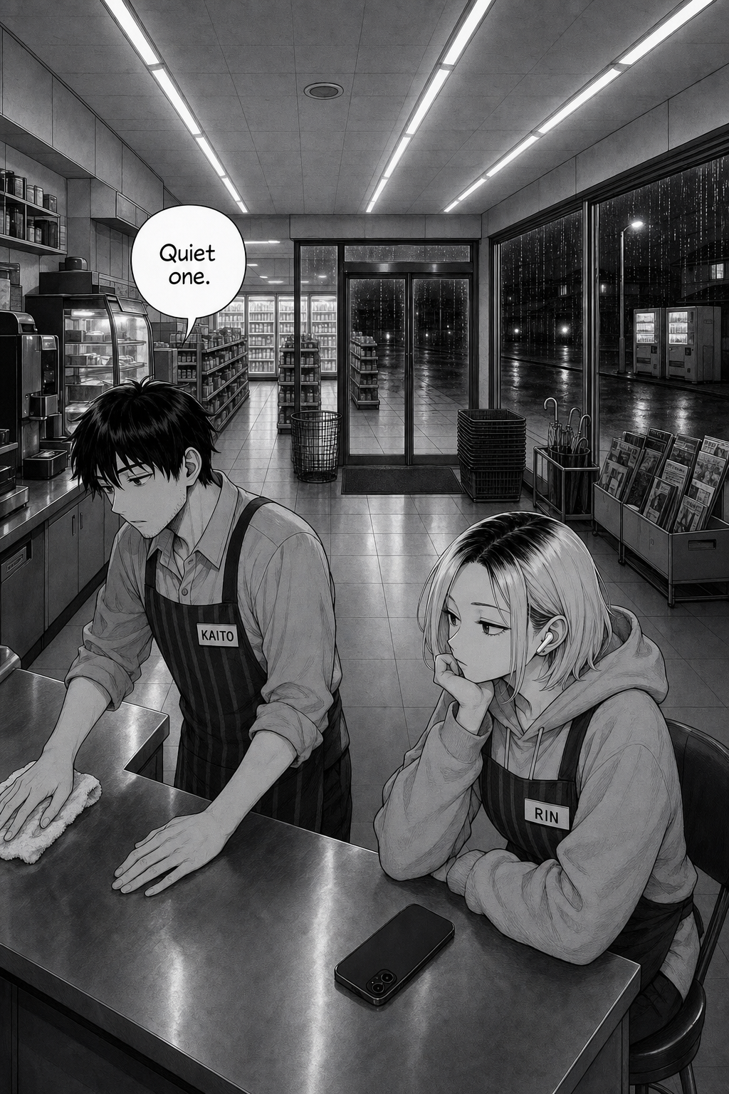 Wide night view inside the shop: Kaito wipes the counter while Rin sits beside him, chin on her hand, her phone lying face-down beside her elbow.