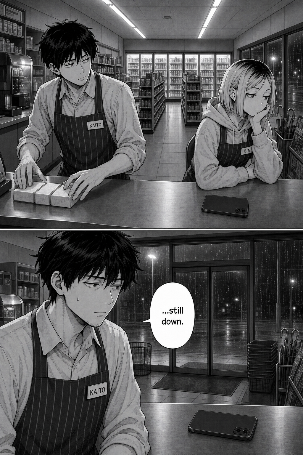 Kaito squares three items on the counter with theatrical care, checks whether Rin is watching, and finds the phone still face-down.