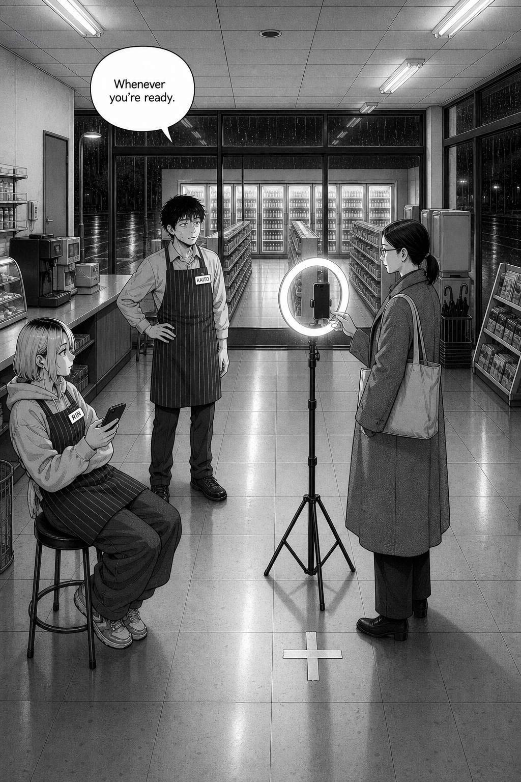 A ring light on a stand fills the middle gangway of the night shop; Sae Kurosawa waits beside it while Kaito squints into the glare and Rin watches from her stool.