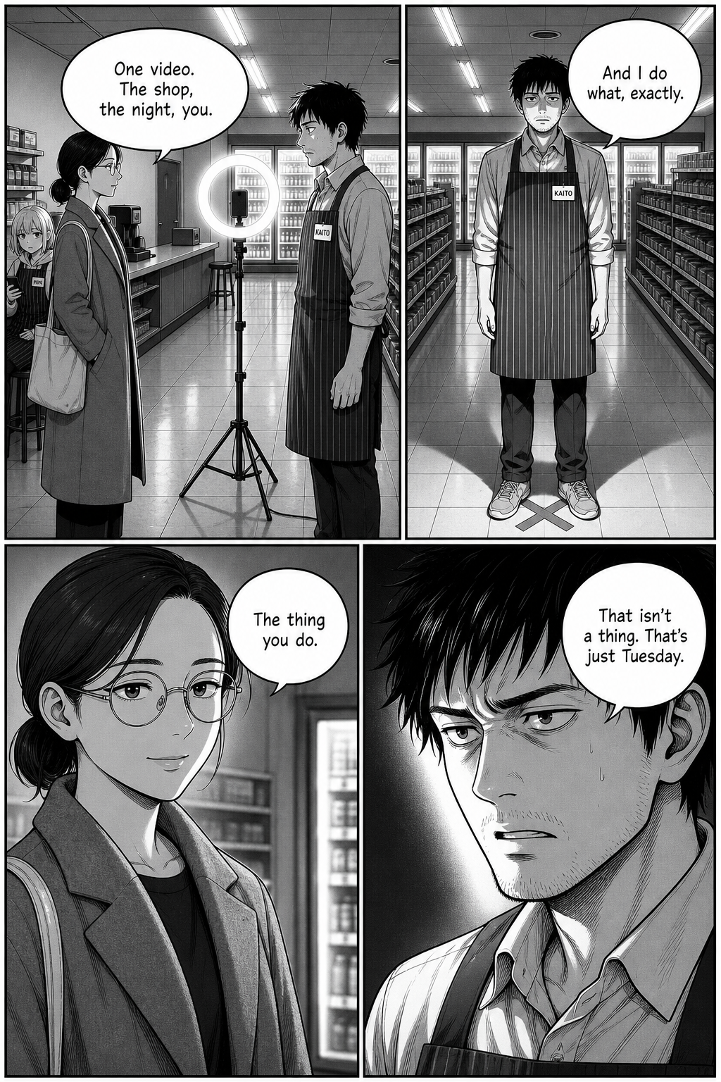 Sae explains the brief — one video, the shop, him — and when Kaito asks what he is meant to do, she says: the thing you do.