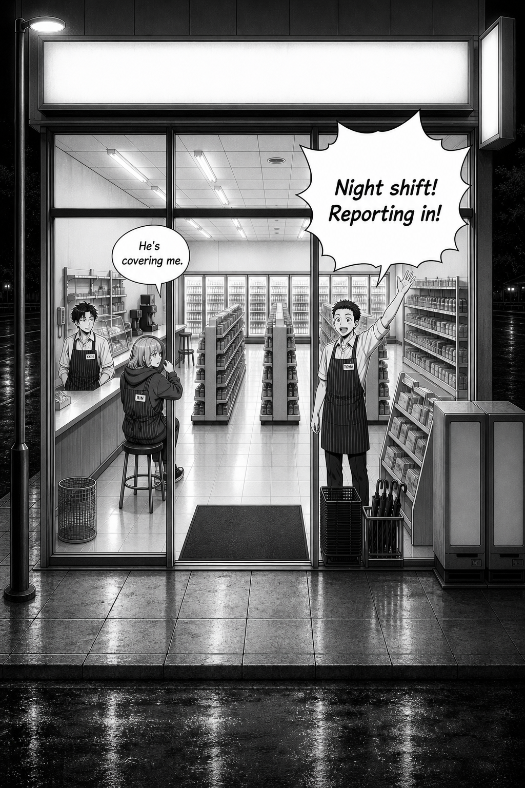 A rain-slicked night; through the storefront glass, Kaito stands behind the counter, Rin sits on her stool pulling up her hood, and a cheerful new clerk, Toma, waves from the doorway.