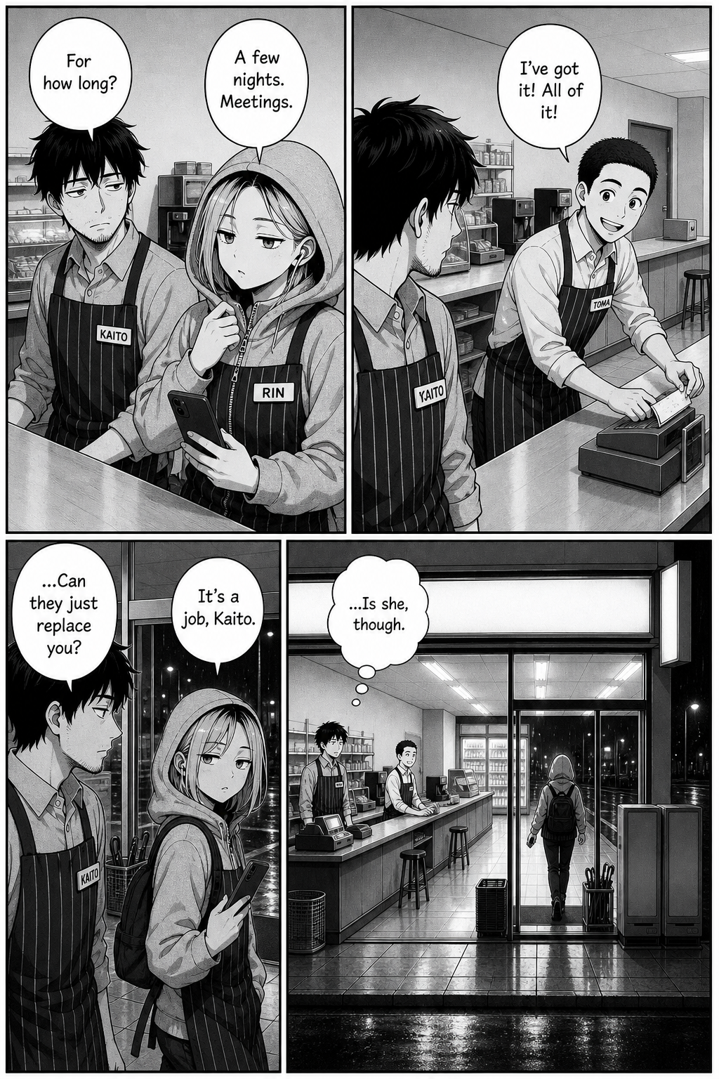 In four panels, Rin zips her hoodie to leave while cheerful Toma takes over the register; Kaito asks if they can just replace her, and she walks out into the rain.