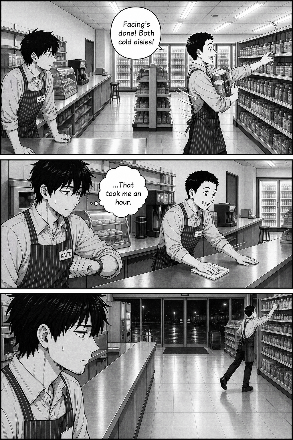 Toma restocks and wipes the counter with brisk efficiency while Kaito watches, unsettled by how fast he works.