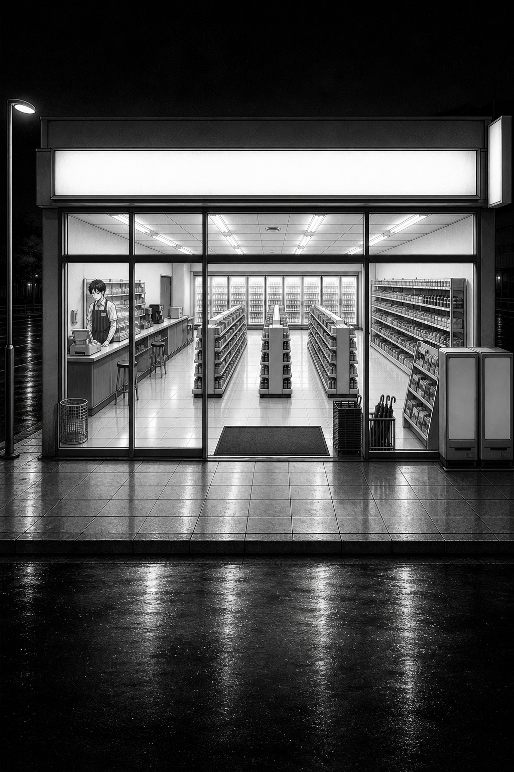 Night exterior of a 24-hour convenience store seen through its glazed front; Kaito stands alone behind the counter, the register stool empty beside him.