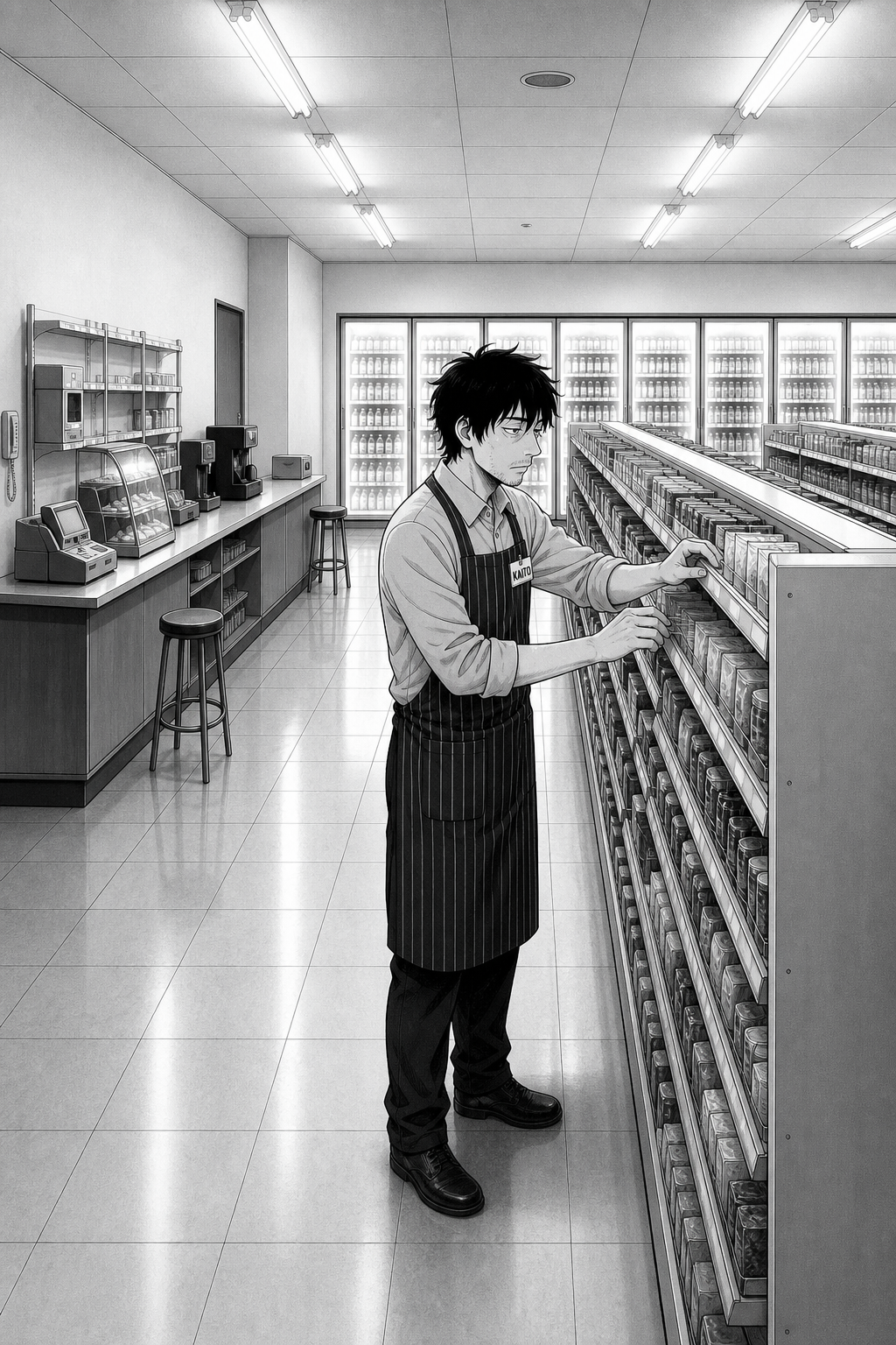 Kaito alone in an aisle, neatly pulling products forward to the shelf edge.