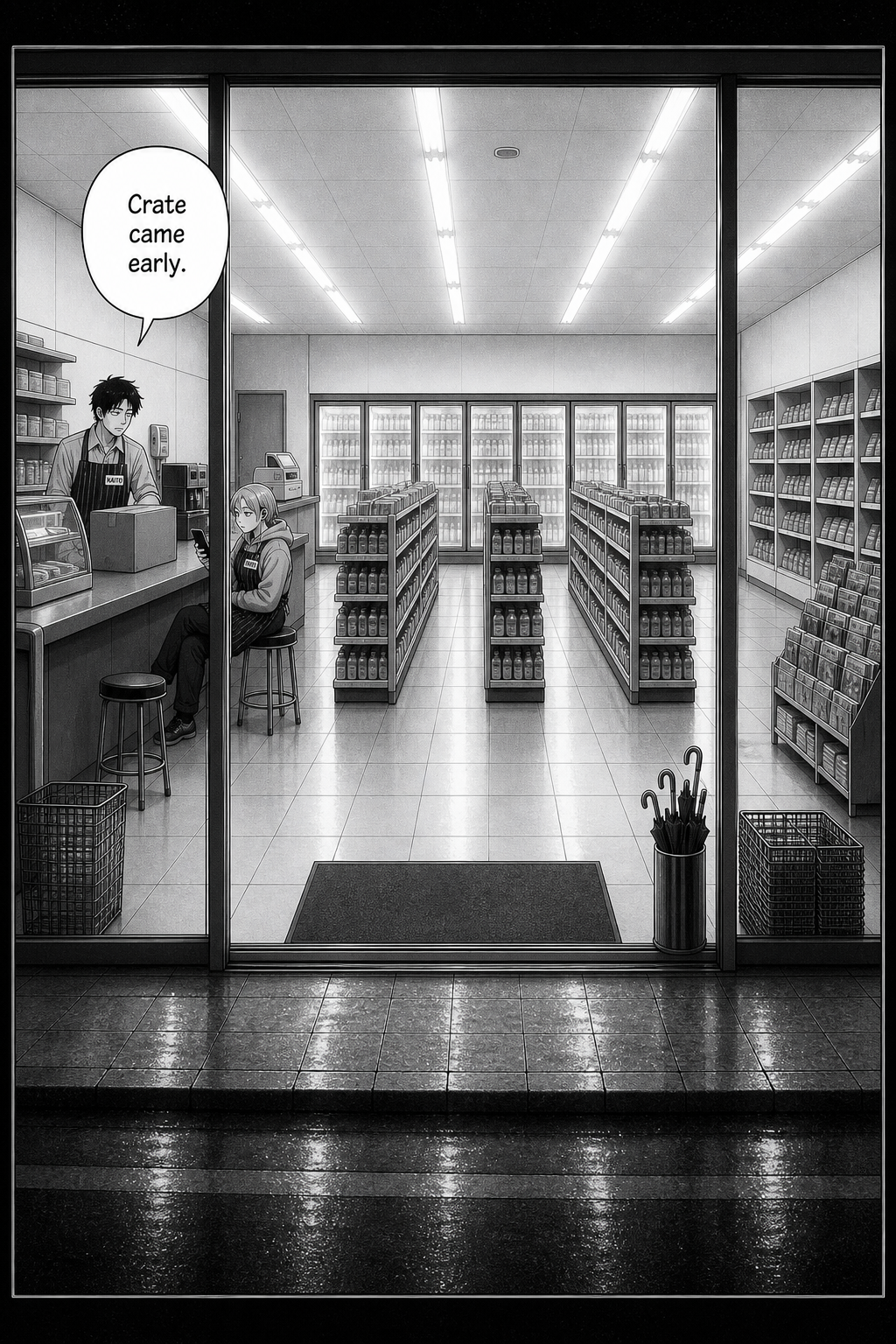 Wide night view into the convenience store from just inside the sliding doors, rain outside. Kaito stands behind the counter beside a cardboard supply crate while Rin sits on her stool with her phone.