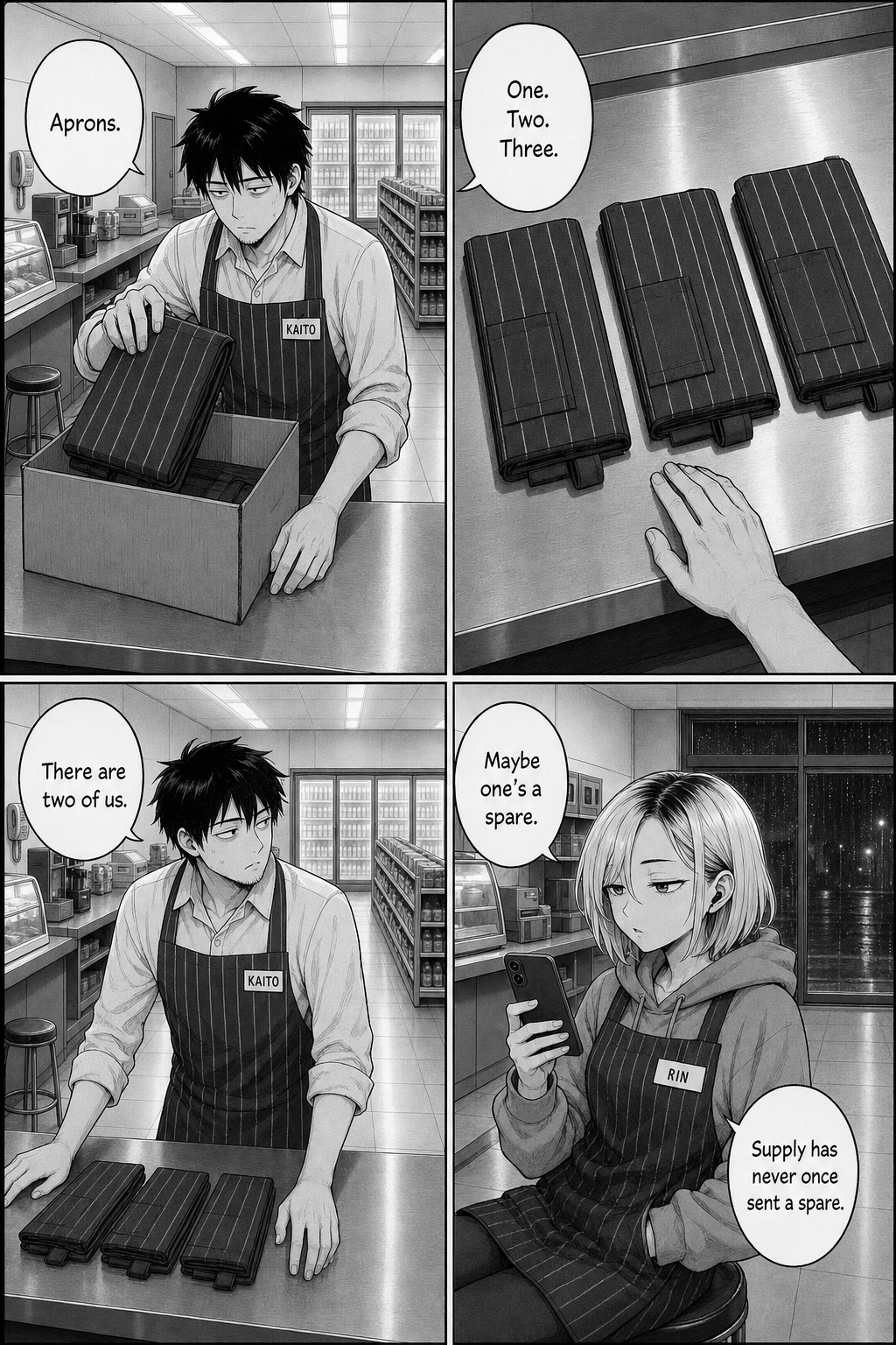 Four panels: Kaito lifts folded aprons out of the supply crate, counts three of them laid out on the counter, and turns to Rin, who says one might be a spare.