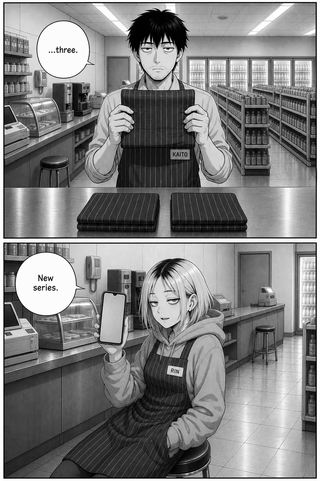 Two panels: Kaito holds one folded apron up at eye level with a dead stare, muttering. Rin raises her phone to start filming.