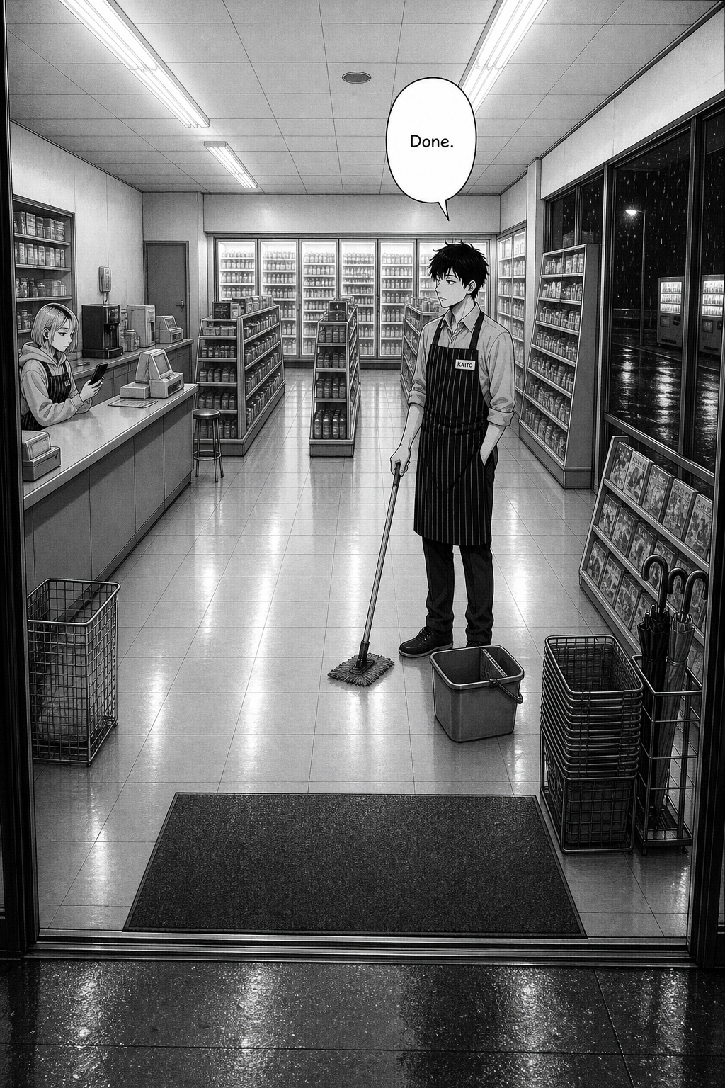 Wide night view into the convenience store from just inside the sliding doors. The tile floor is freshly mopped and bare. Kaito stands mid-floor with a mop and bucket while Rin sits on her stool at the counter.