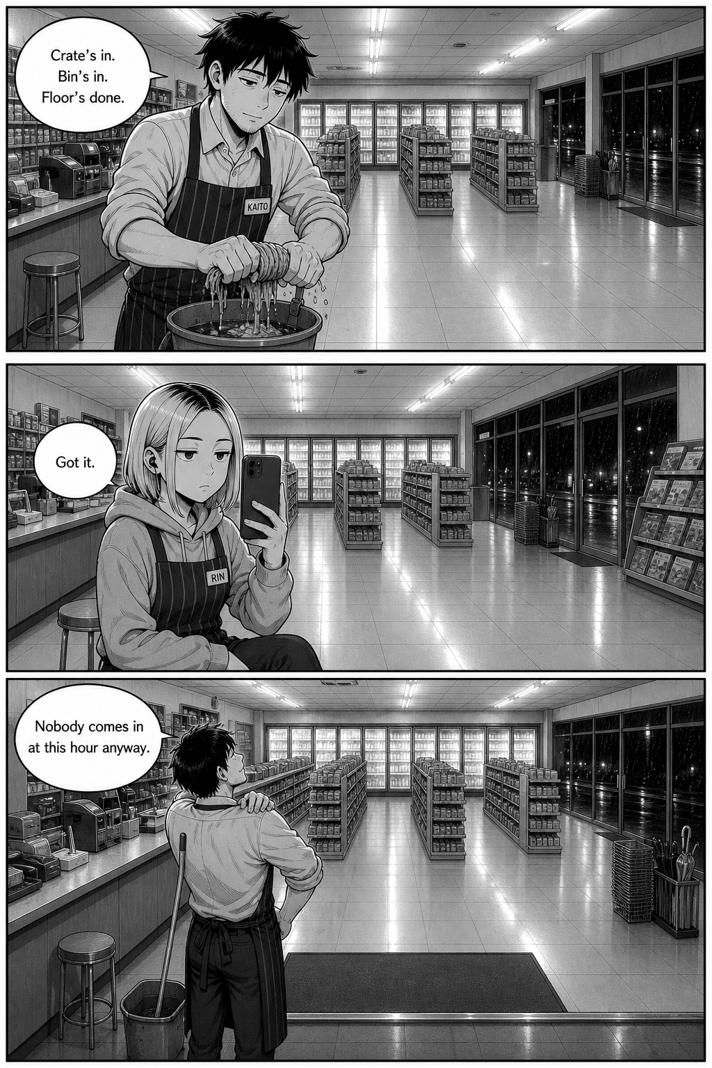 Three panels: Kaito wrings out the mop and lists what he has finished, Rin films him, and he looks out over the empty gleaming floor.