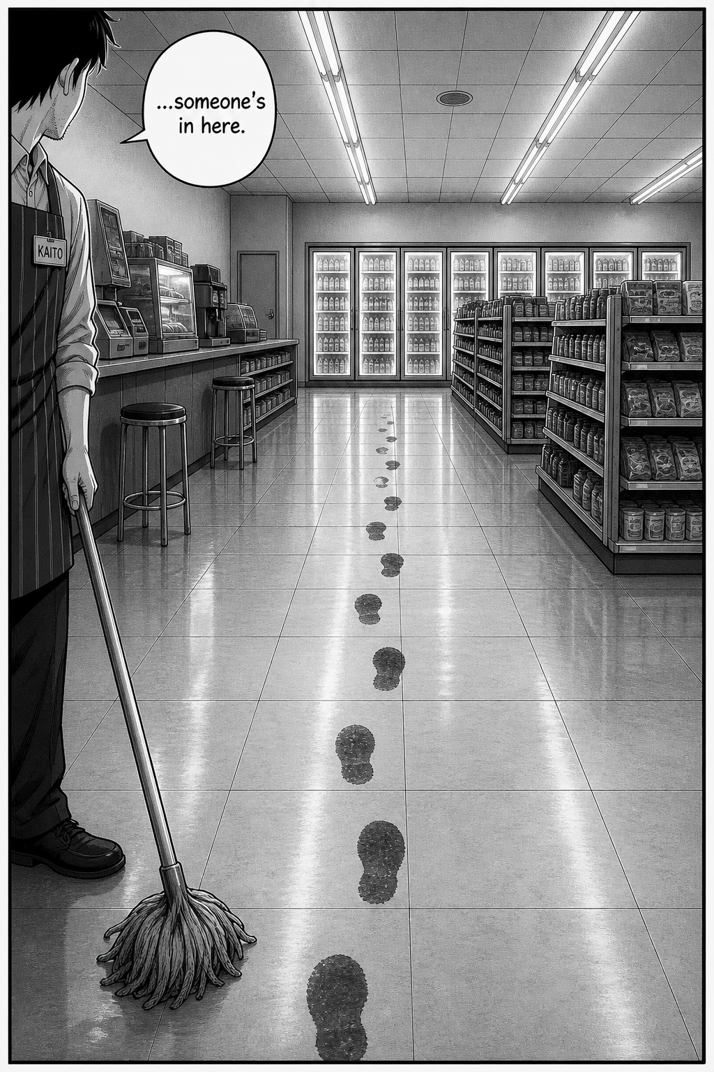 A low view up the middle aisle: a single line of wet shoe prints walks away from the doors across the clean floor and stops dead, with nothing beyond it.