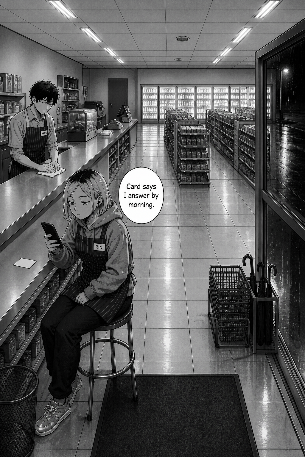 Wide night view down the convenience-store aisles; Kaito wipes the counter while Rin sits on a stool with her phone and a blank white card.