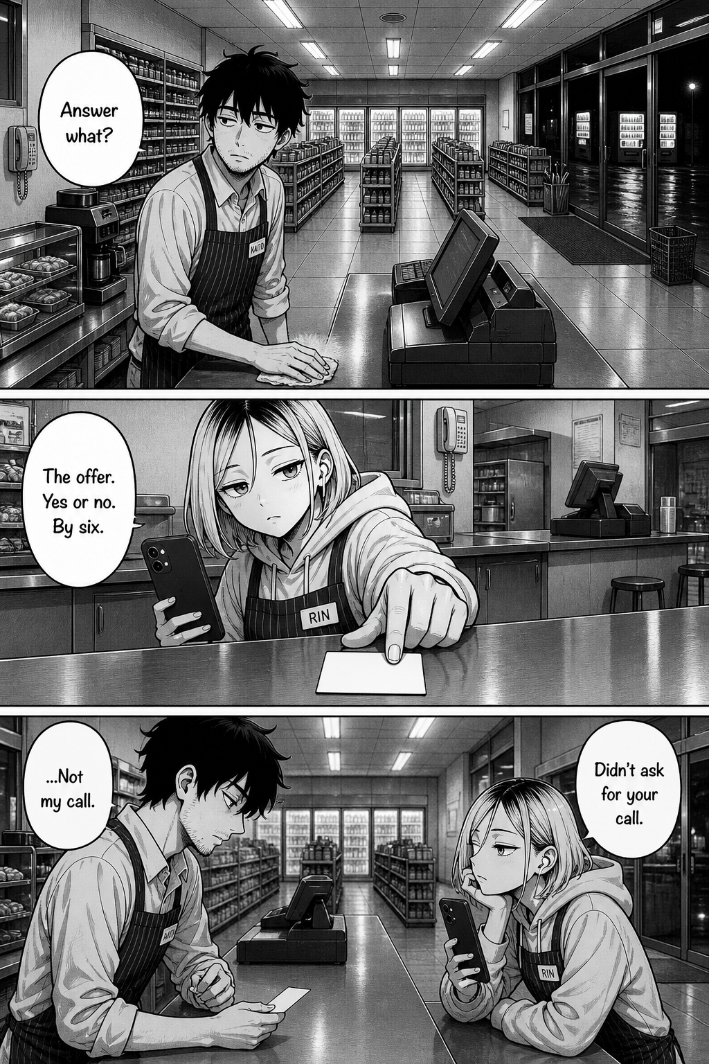 Three panels: Kaito asks what she means; Rin slides a blank white card across the counter and says the offer needs an answer by six.