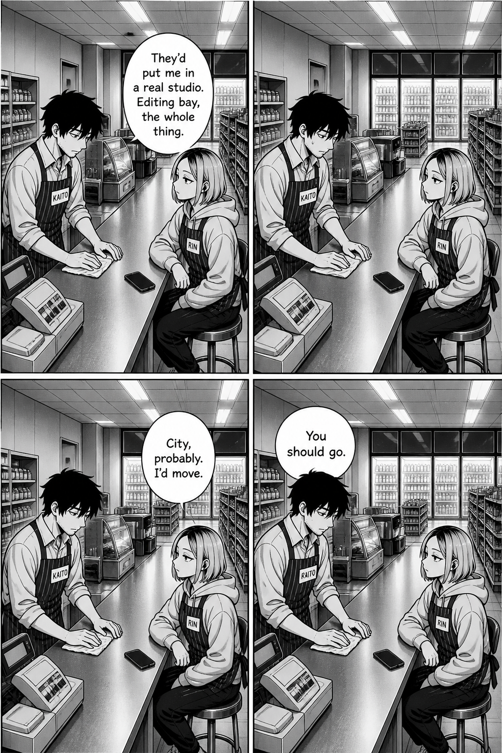 Counter two-shot over four panels; Rin describes the studio offer while Kaito keeps wiping and answers 'You should go.'