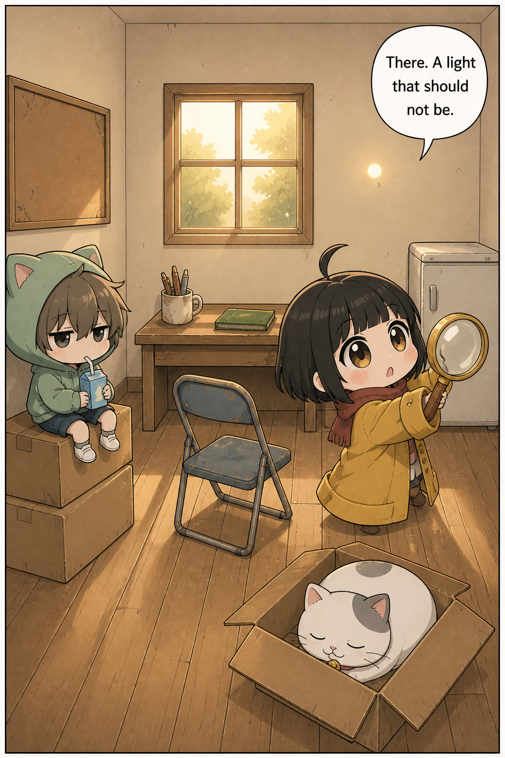 Wide view of the Tiny Case Agency clubroom in warm afternoon light. A chibi girl in an oversized mustard-yellow coat and red scarf holds her magnifying glass raised in both hands and turns toward a small round spot of golden light glowing on the pastel wall. A chibi boy in a mint-green cat-ear hoodie sips a juice box on the cardboard boxes, and a round white cat sleeps in an open box on the floor.