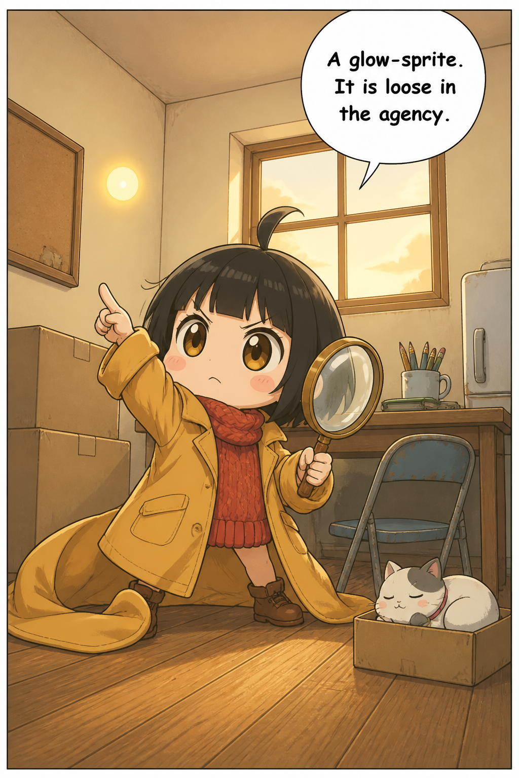 Low-angle view of the chibi girl in the mustard-yellow coat and red scarf, holding her magnifying glass in one hand and flinging her other arm out to point, coat flaring like a cape, scowling with conviction. A small round spot of golden light glows on the wall behind her by the square window.