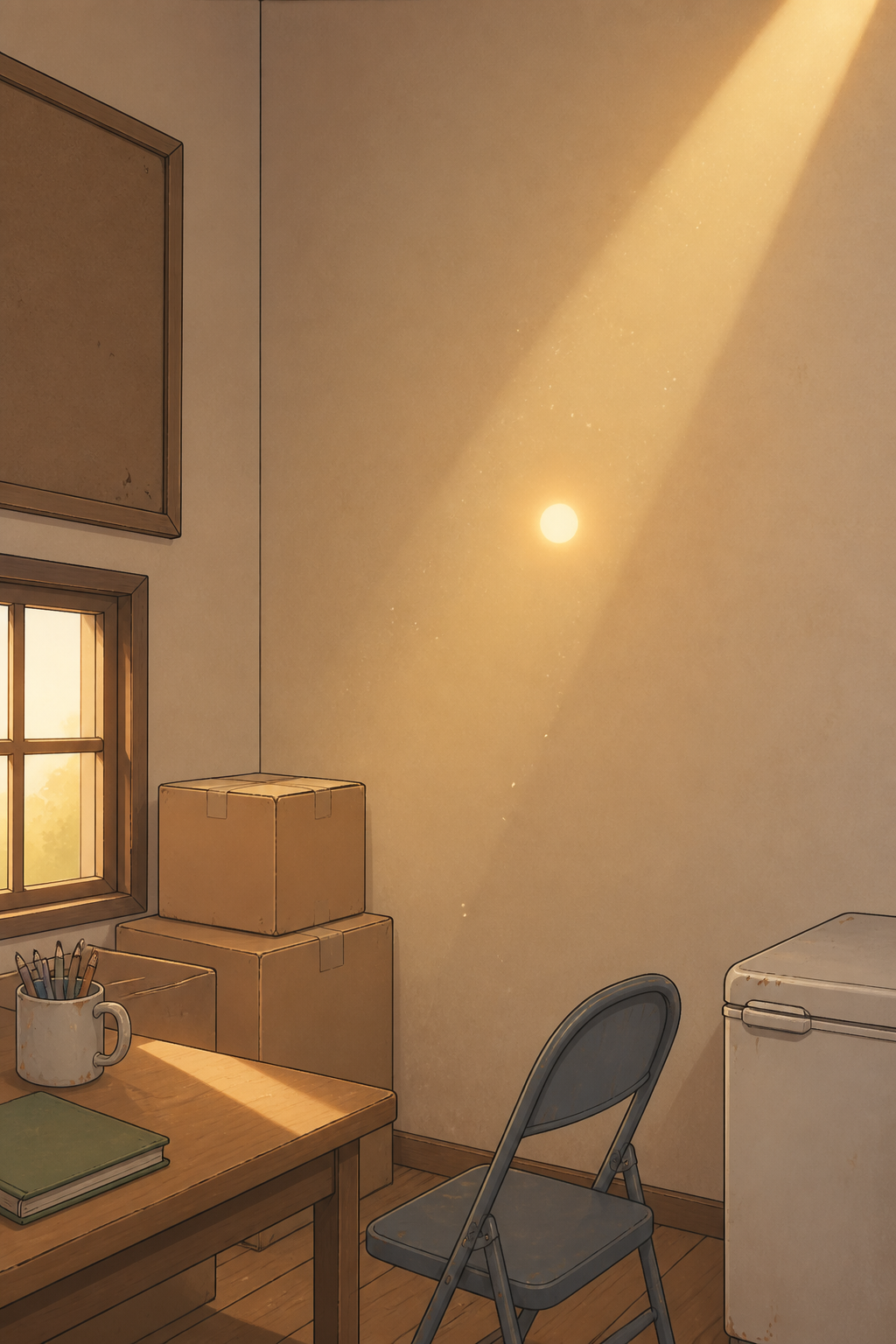 A silent close view of the pastel clubroom wall in warm afternoon light. A single small round spot of golden light glows on the wall, with a faint soft beam of sunlight slanting down onto it from the top of the frame and a few dust motes drifting. No characters, no text.