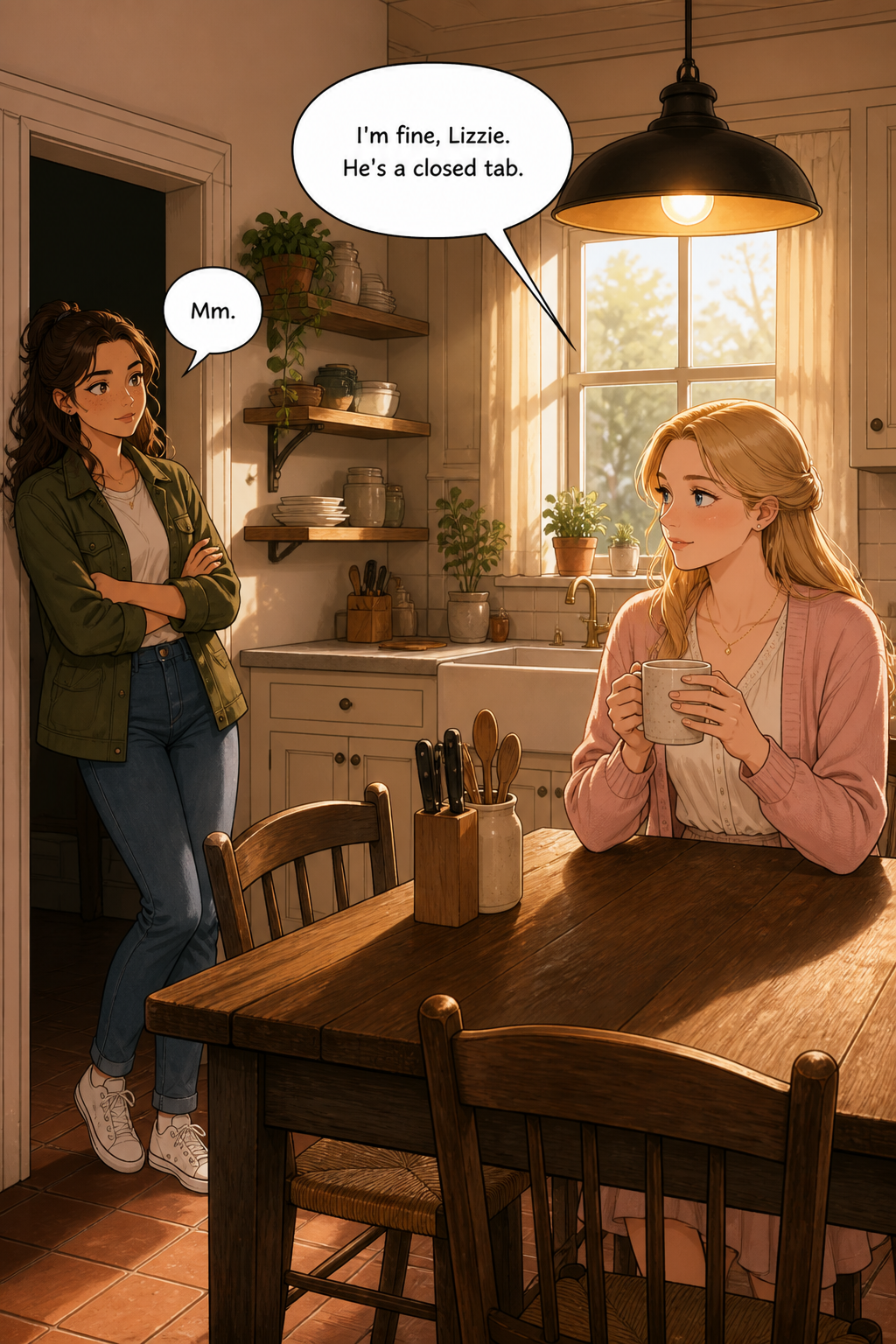 In a warm, sunlit family kitchen, Jane Bennet sits at a wooden table with both hands around a mug while her sister Lizzie leans in the doorway with folded arms, watching her sceptically.