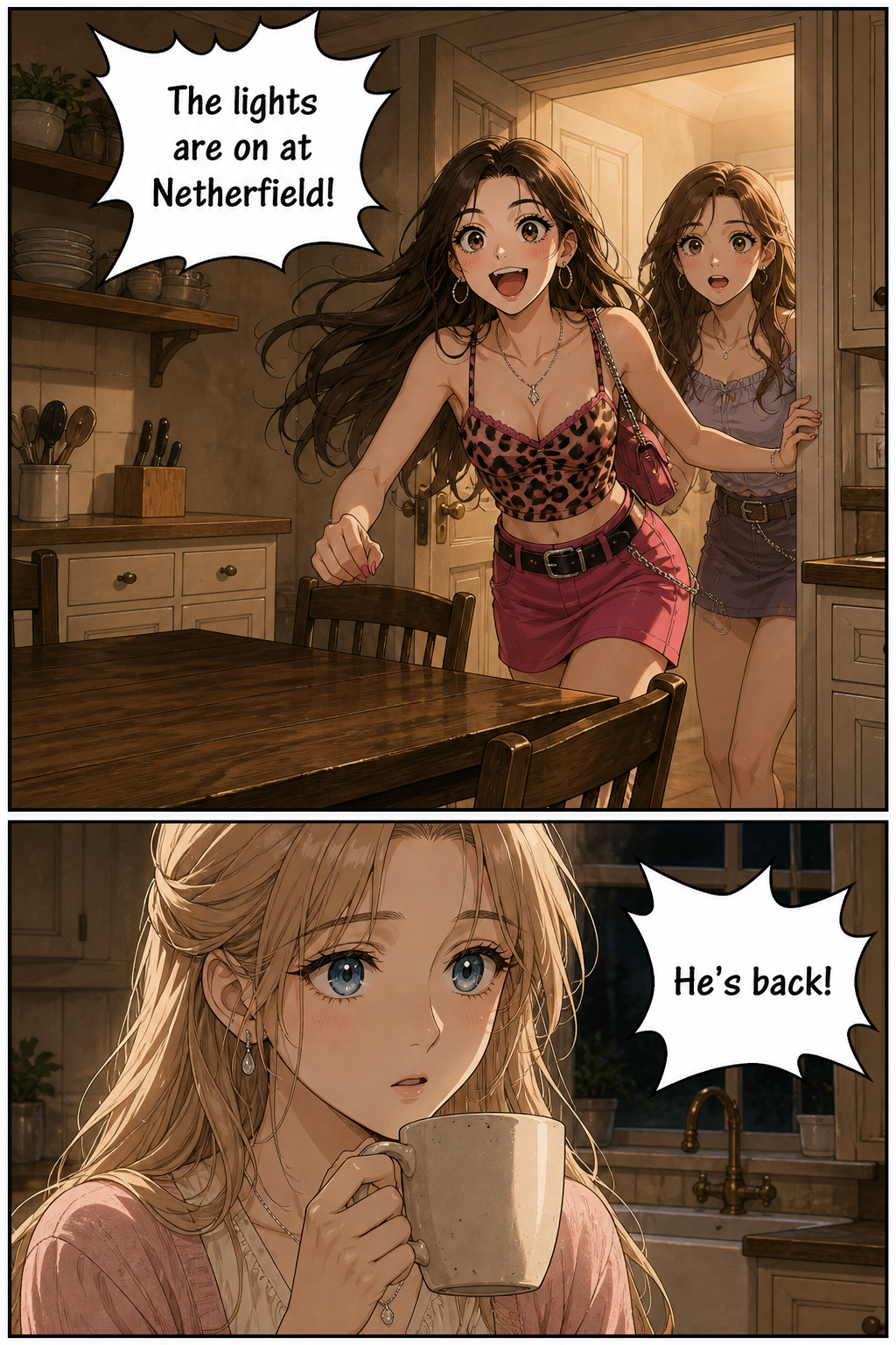Lydia bursts into the kitchen shouting news with Kitty crowding the doorway behind her; below, a close-up of Jane's face with her mug frozen halfway to her mouth.