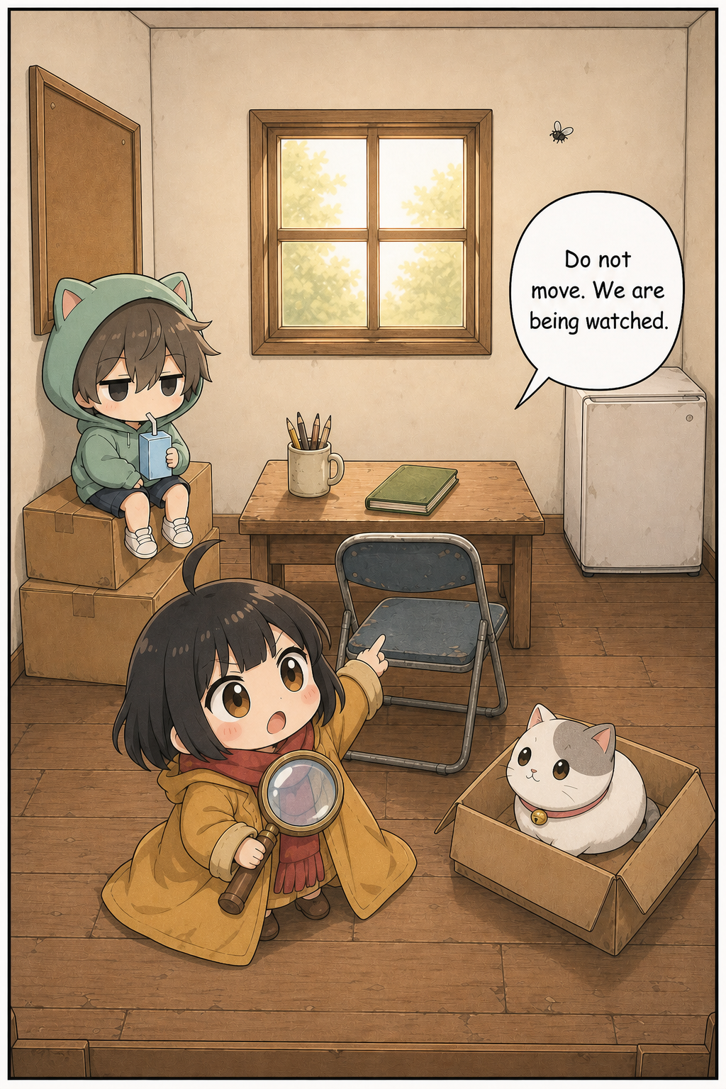 In the Tiny Case Agency clubroom, Momo points toward a tiny fly near the wall while holding her magnifying glass. Ganta sits on boxes with his juice box and Biscuit watches from her open cardboard box.