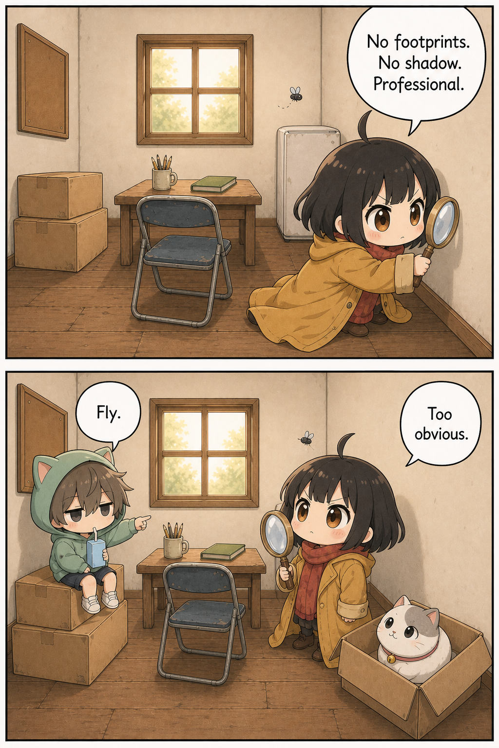Two-panel page. Momo searches the wall with her magnifying glass while a fly hovers behind her. Below, Ganta points at the fly and Biscuit watches as Momo dismisses the obvious explanation.