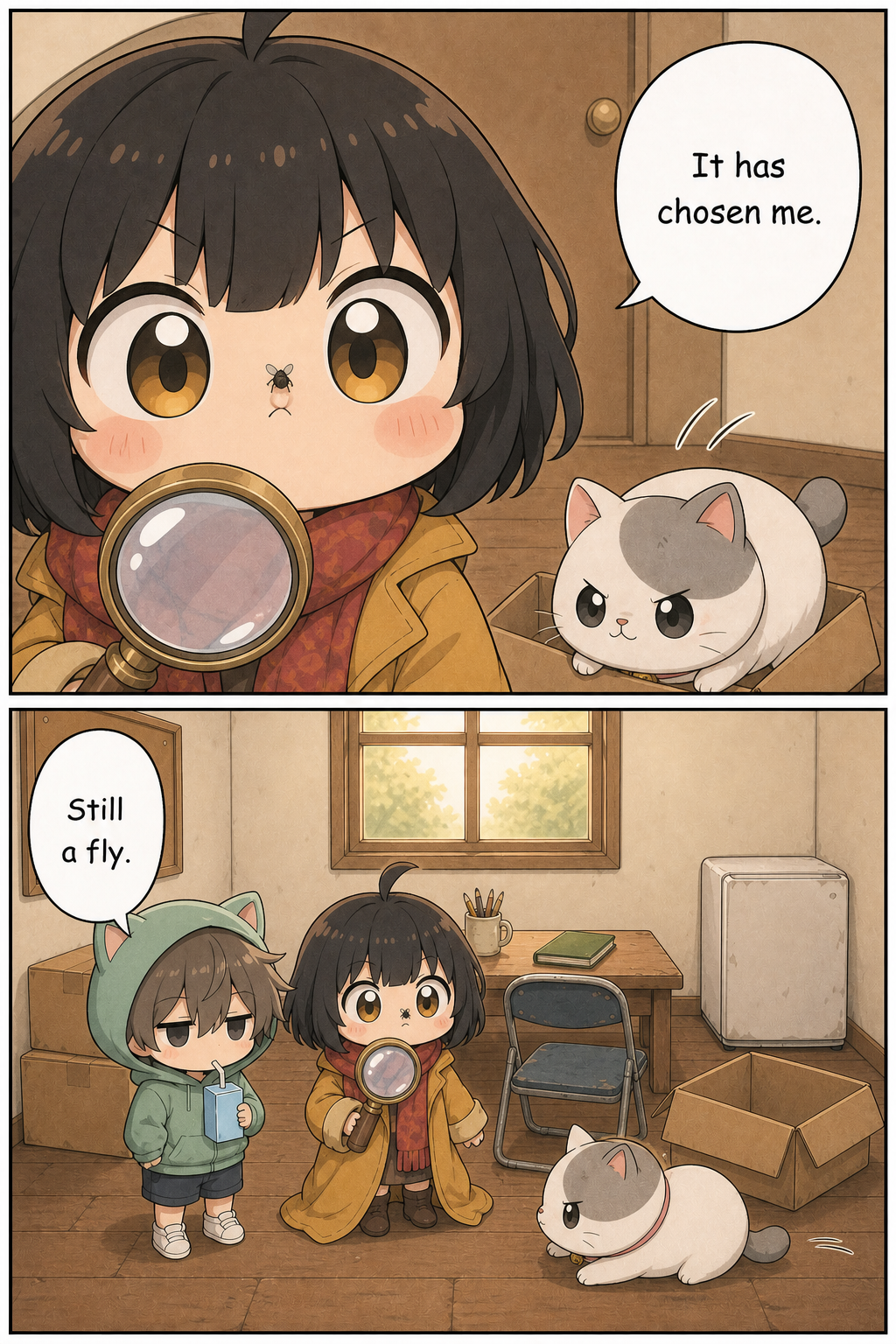 Two-panel page. A tiny fly sits on Momo’s nose as she stares cross-eyed at it and Biscuit crouches nearby. Below, Ganta calmly repeats that it is a fly.