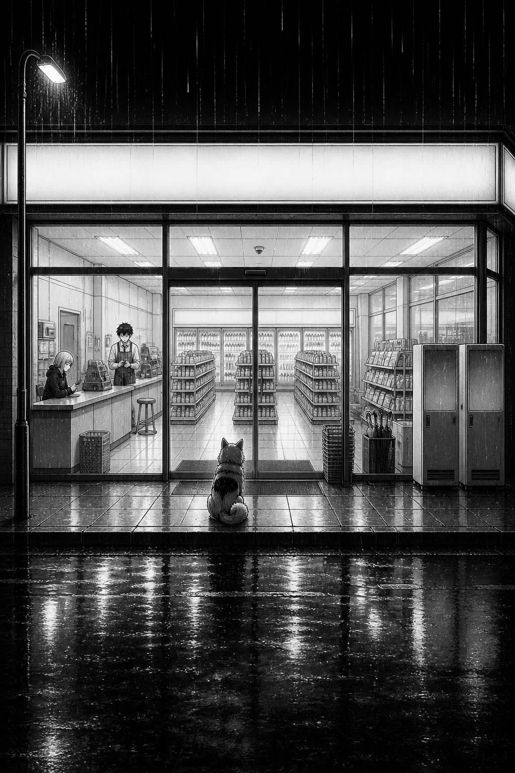 Night, heavy rain. Wide view of the lit convenience store from across the wet street; a shaggy grey dog sits on the footpath facing the doors, its back to us.