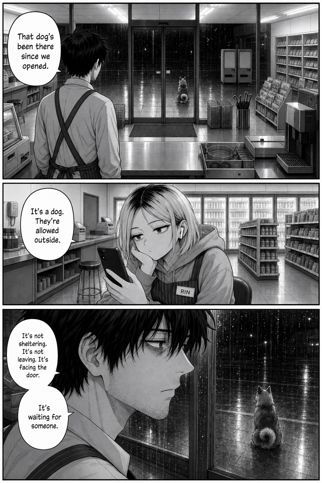 Kaito stares out through the rain-streaked doors at the seated dog; Rin sits on her stool looking at her phone.