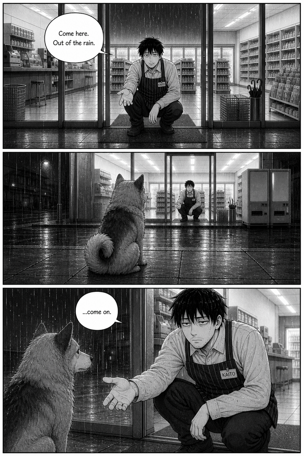 Kaito crouches in the open doorway holding a hand out into the rain toward the dog, which sits and does not move.