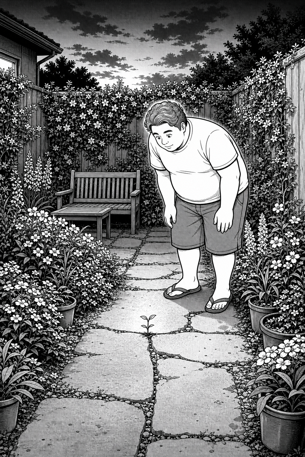 Kai notices a tiny tomato seedling growing from a crack between paving stones in his small garden at dusk.