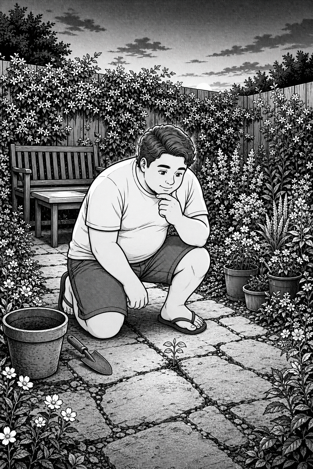 Kai kneels beside the volunteer tomato with an empty pot and hand trowel, considering whether to transplant it.