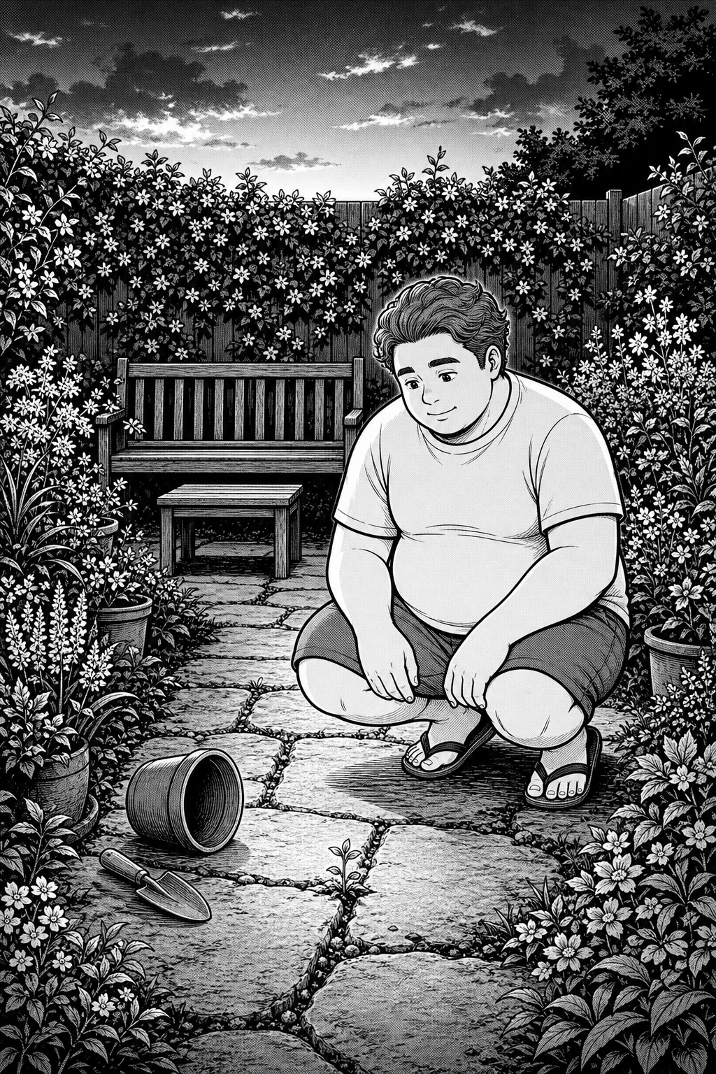 Kai sets the pot and trowel aside and decides to leave the tomato where it chose to grow.