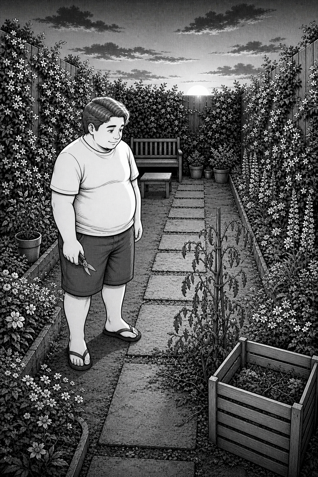 Kai looks at the spent volunteer tomato plant at late-autumn dusk, holding pruning shears beside the garden path.