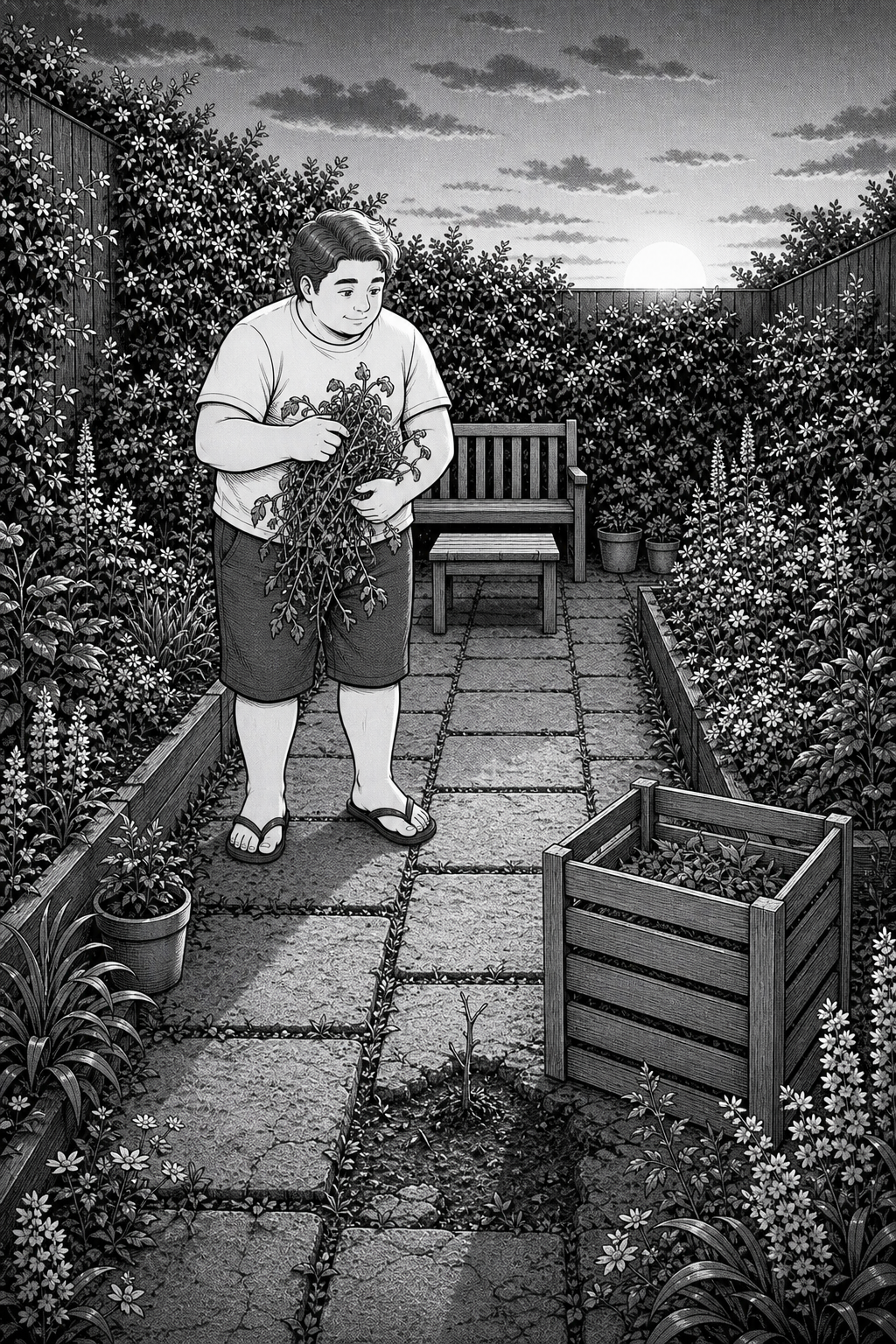 Kai gently cuts and gathers the dead tomato plant, leaving the familiar paving-stone crack empty.