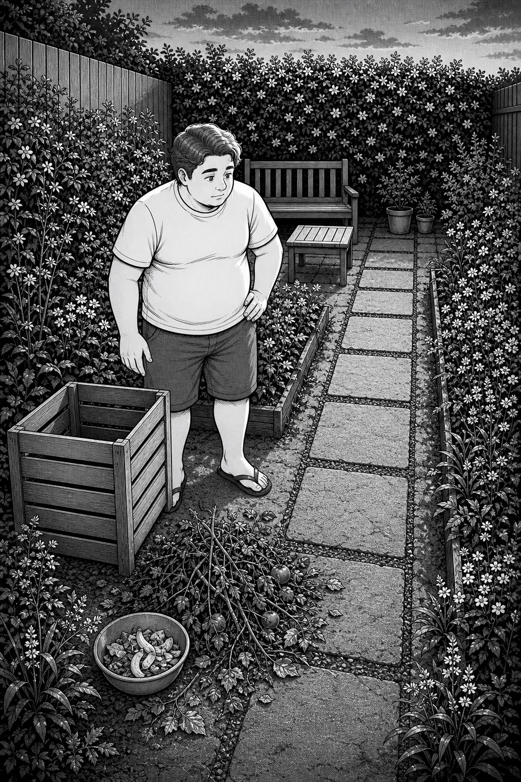 Kai stands beside a pile of dead garden material and vegetable scraps, looking uncertainly toward the empty compost box.