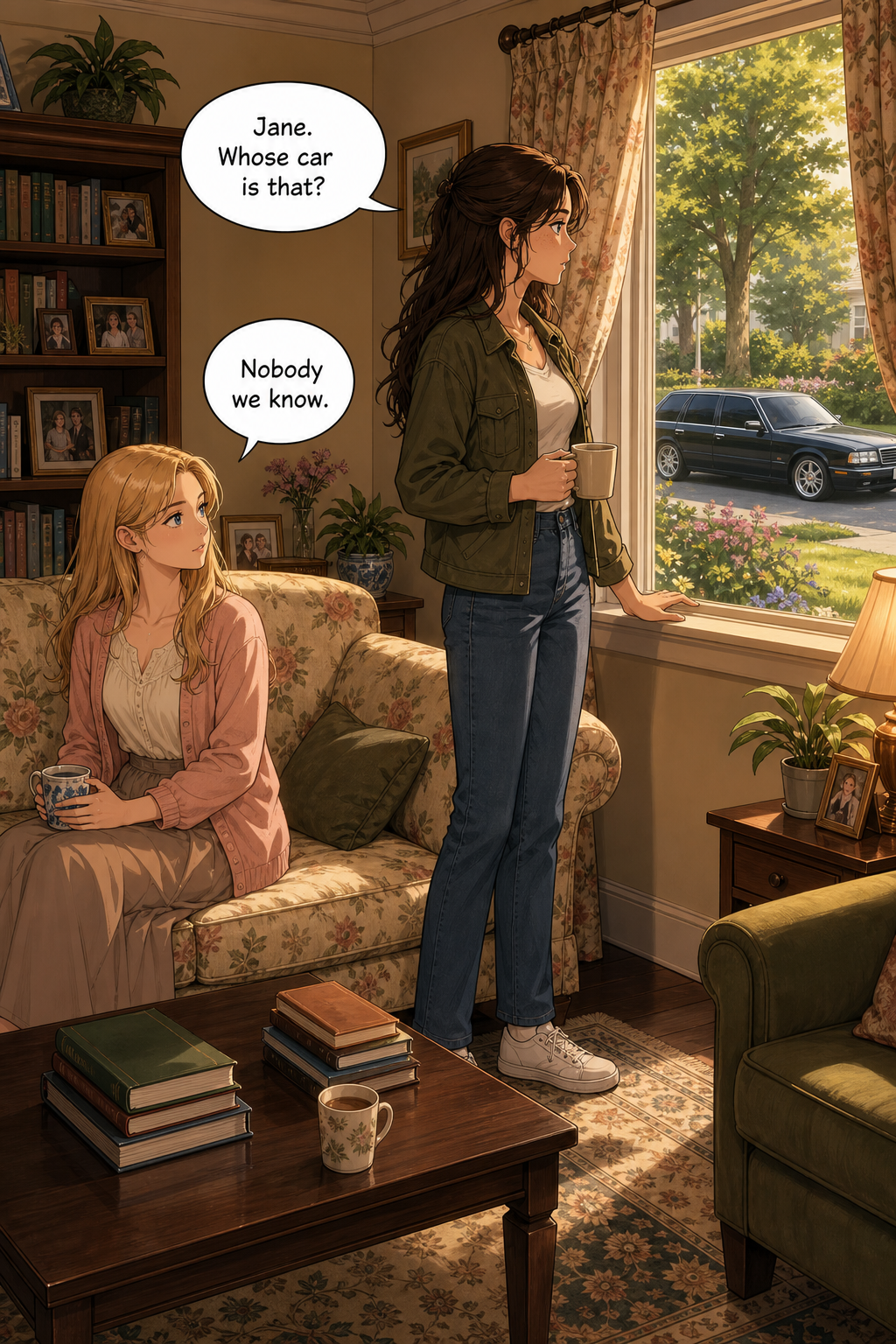 In the warm Bennet living room, Lizzie stands at the tall window with a mug, looking out at a long black car stopped on the leafy street, while Jane watches from the flowered sofa.