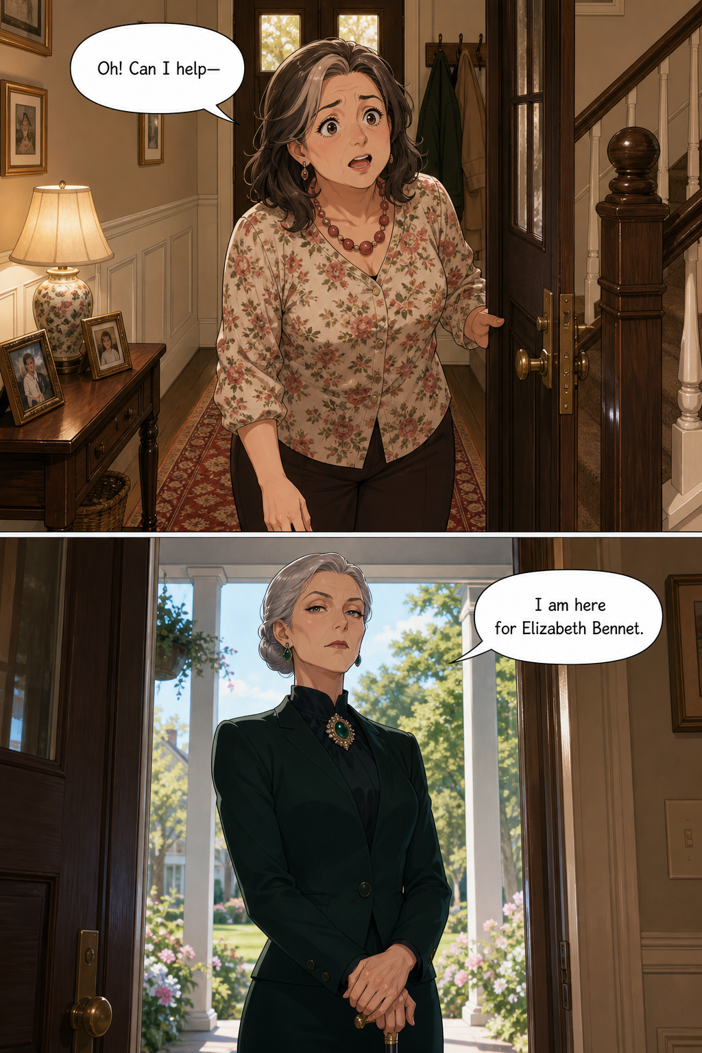 Mrs. Bennet opens the front door with her welcoming smile faltering; below, a tall, severe silver-haired woman in an emerald suit stands on the porch step announcing she is here for Elizabeth Bennet.