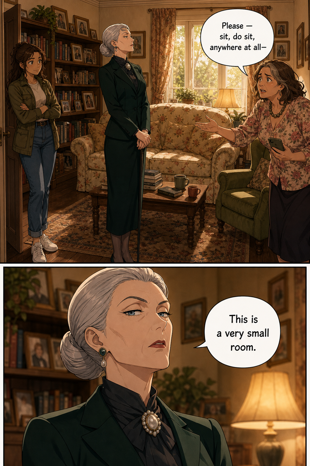 Ms. de Bourgh stands stiffly in the middle of the cluttered Bennet living room refusing to sit while Mrs. Bennet fusses and Lizzie watches from the doorway; below, a close-up as she calls the room very small.
