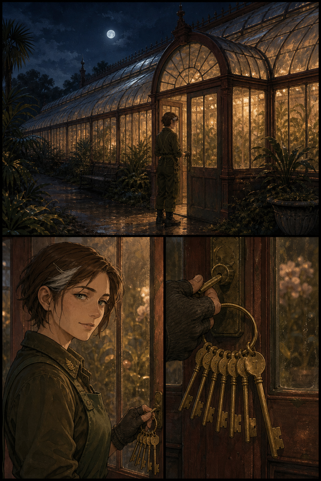A night establishing shot of a long Victorian glasshouse ridge glowing warm amber from within under a low moon, with a lean woman in a moss-green apron standing at the dark iron gate before it.