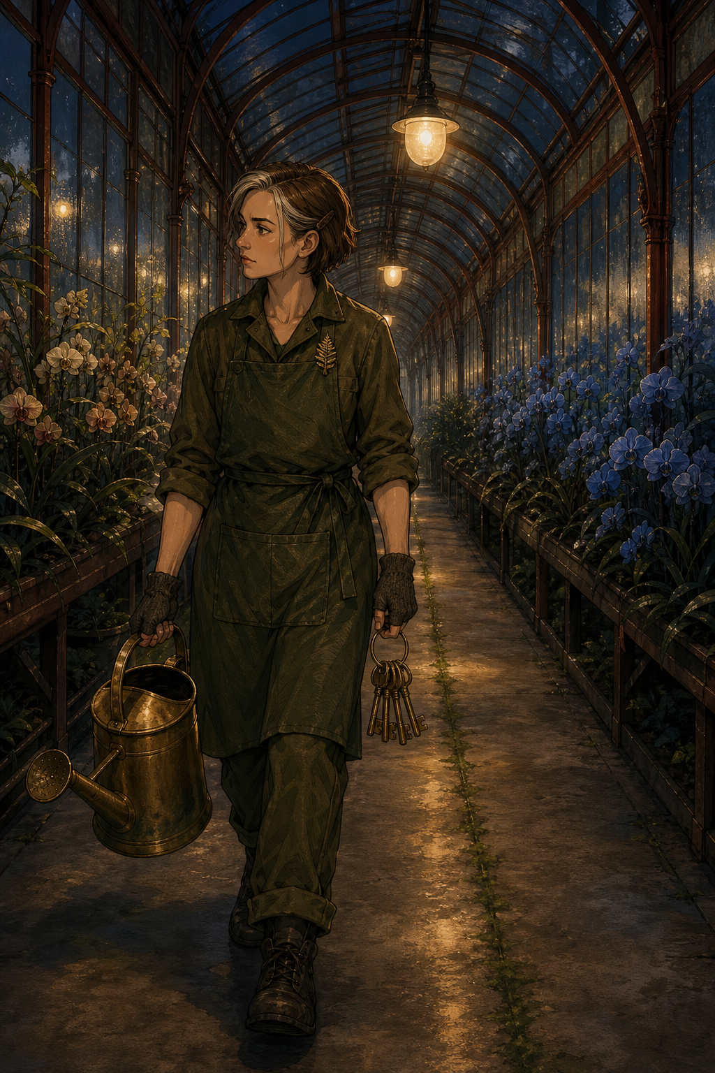 Fern walks down a long arced glasshouse corridor with a moss-seamed slate floor and warm round pendant lamps every nine metres, carrying a brass key ring.