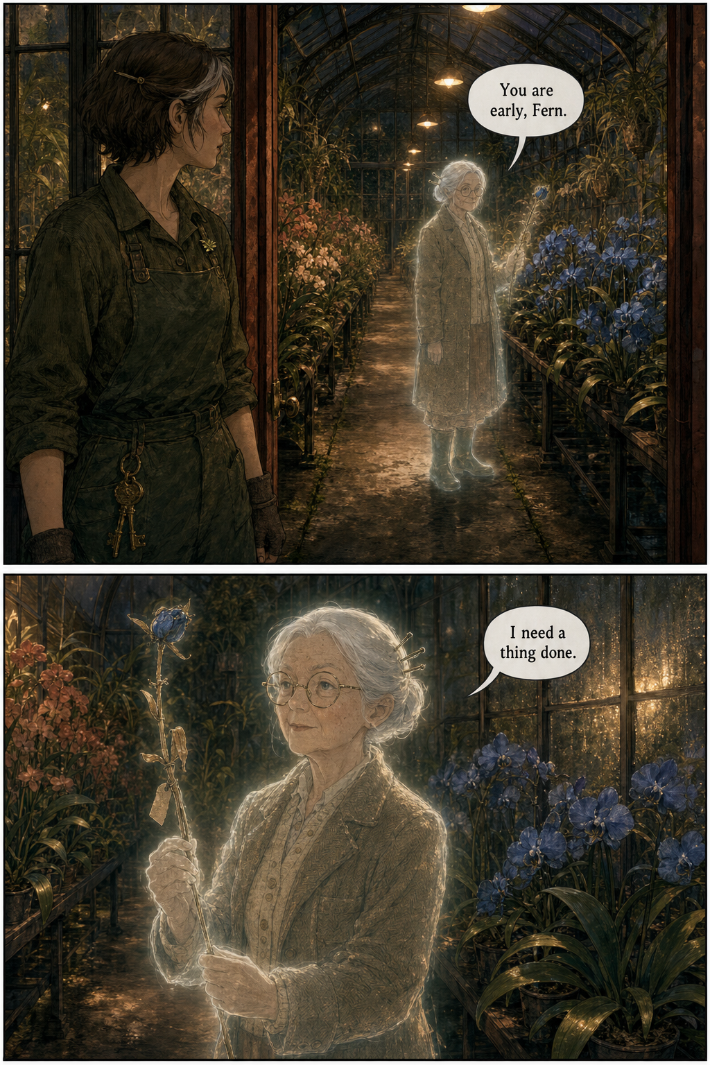 Fern steps into a humid orchid house full of blue and coral orchids on dark timber staging. An elderly ghost in a 1950s tweed coat and round spectacles, Opal Renwick, stands at the east bench holding a single long dried blue orchid stem.