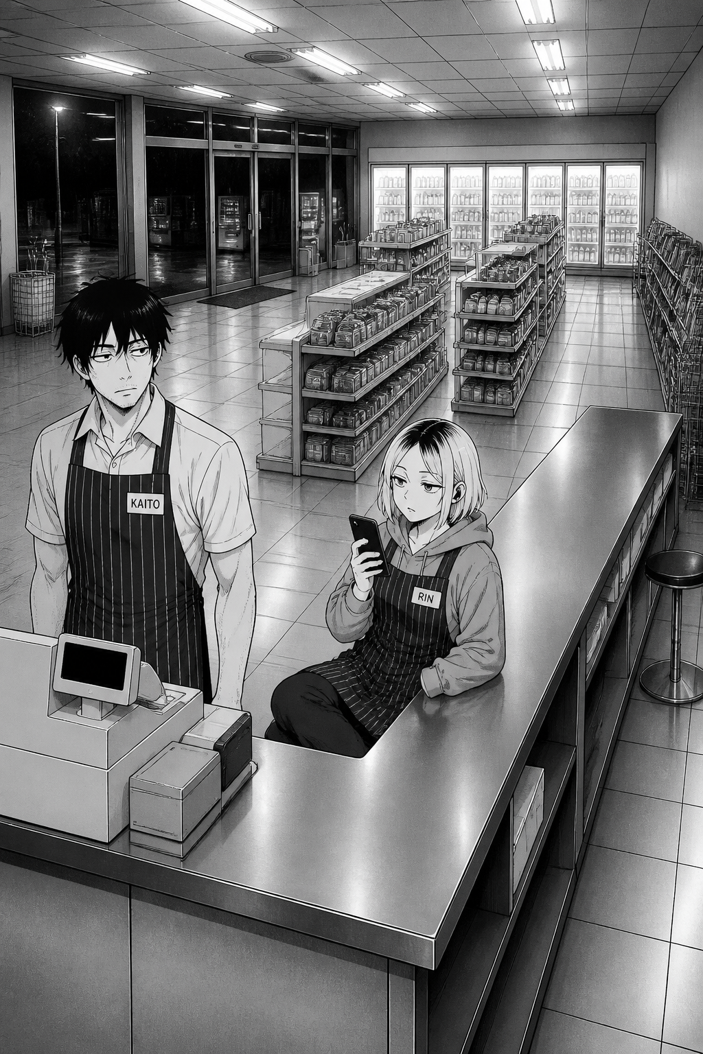 The convenience store at 3 a.m.: Kaito stands behind the register and Rin sits on her stool with her phone, the long steel counter completely bare, rain on the dark empty street outside.
