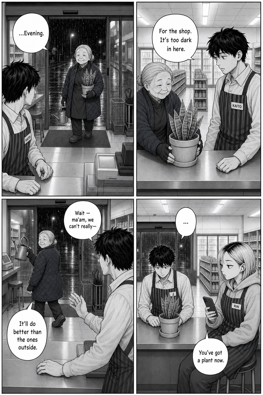 A small elderly woman in a padded jacket comes in from the rain and sets a little potted snake plant on the bare counter, waves, and leaves; Rin tells Kaito he has a plant now.