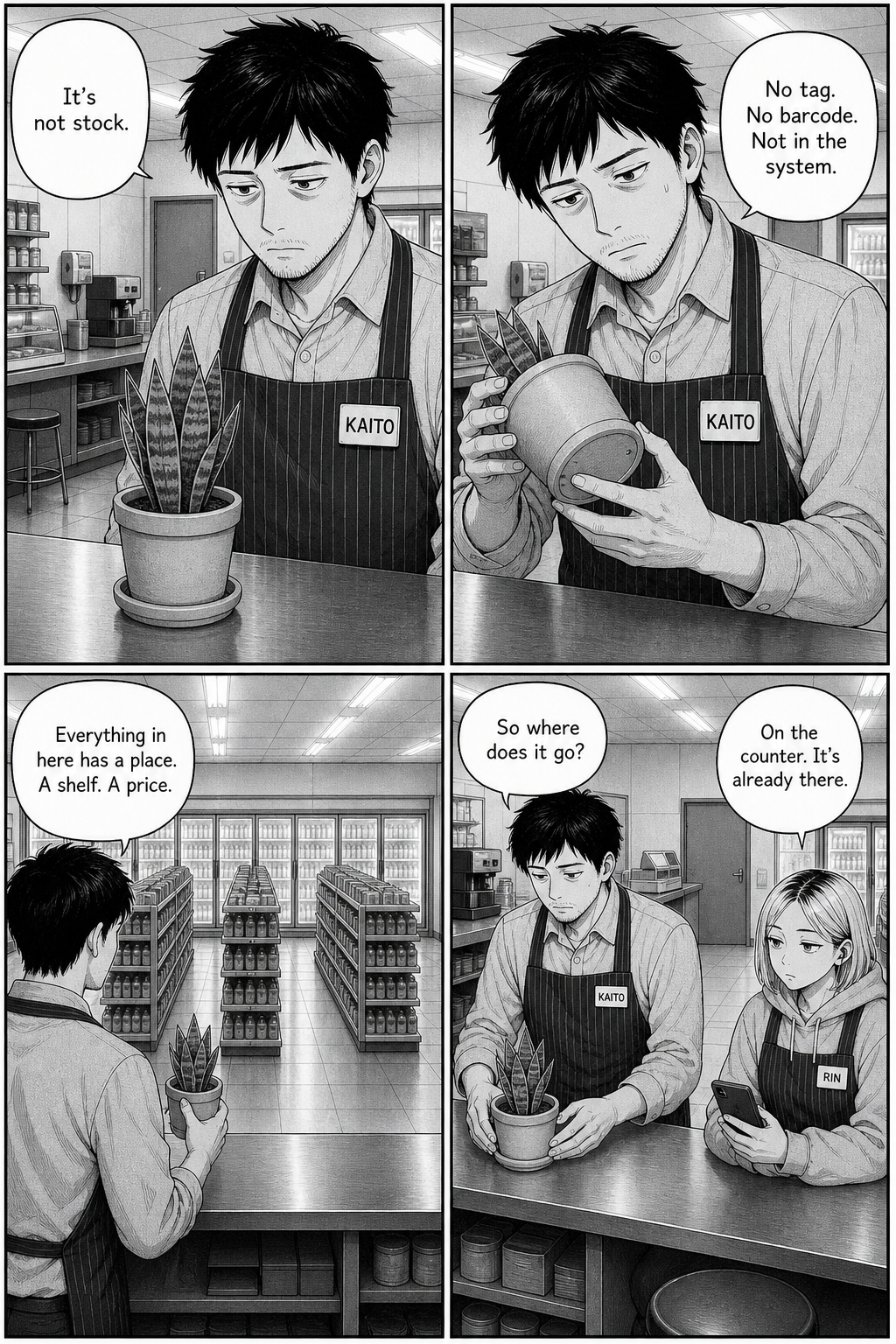 Kaito examines the potted plant for a price tag or barcode, finds none, looks around the shelved store, and asks where it goes; Rin says it's already on the counter.