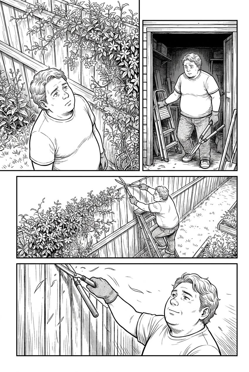 Kai studies overgrown jasmine crossing a garden fence, then fetches a ladder and long pruning shears from the shed.