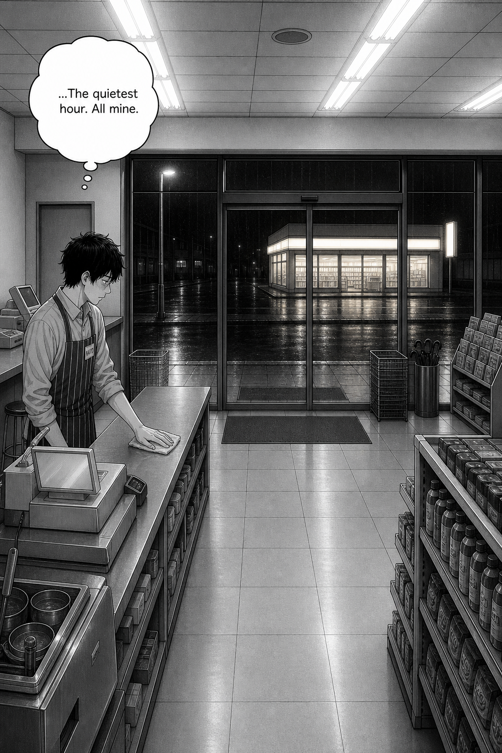 Night interior of a 24-hour convenience store; a tired clerk in a striped apron wipes the counter as, across the wet empty street, another store glows on the far corner.