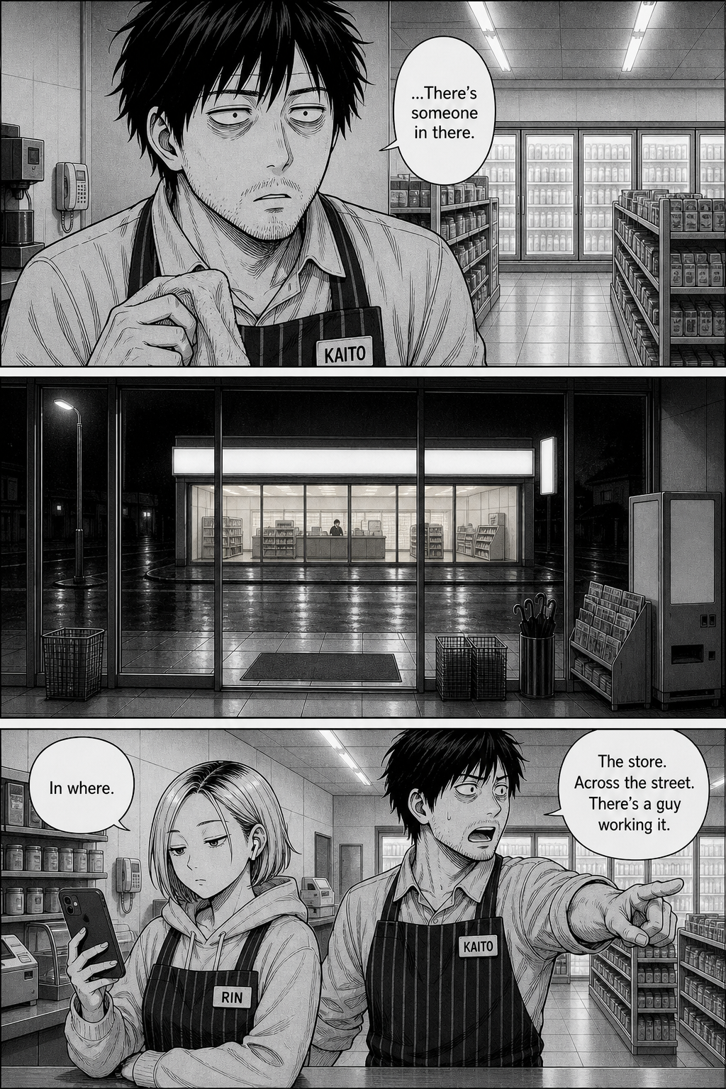 The clerk notices a small figure moving inside the far store across the street and points it out to his coworker, who does not look up from her phone.