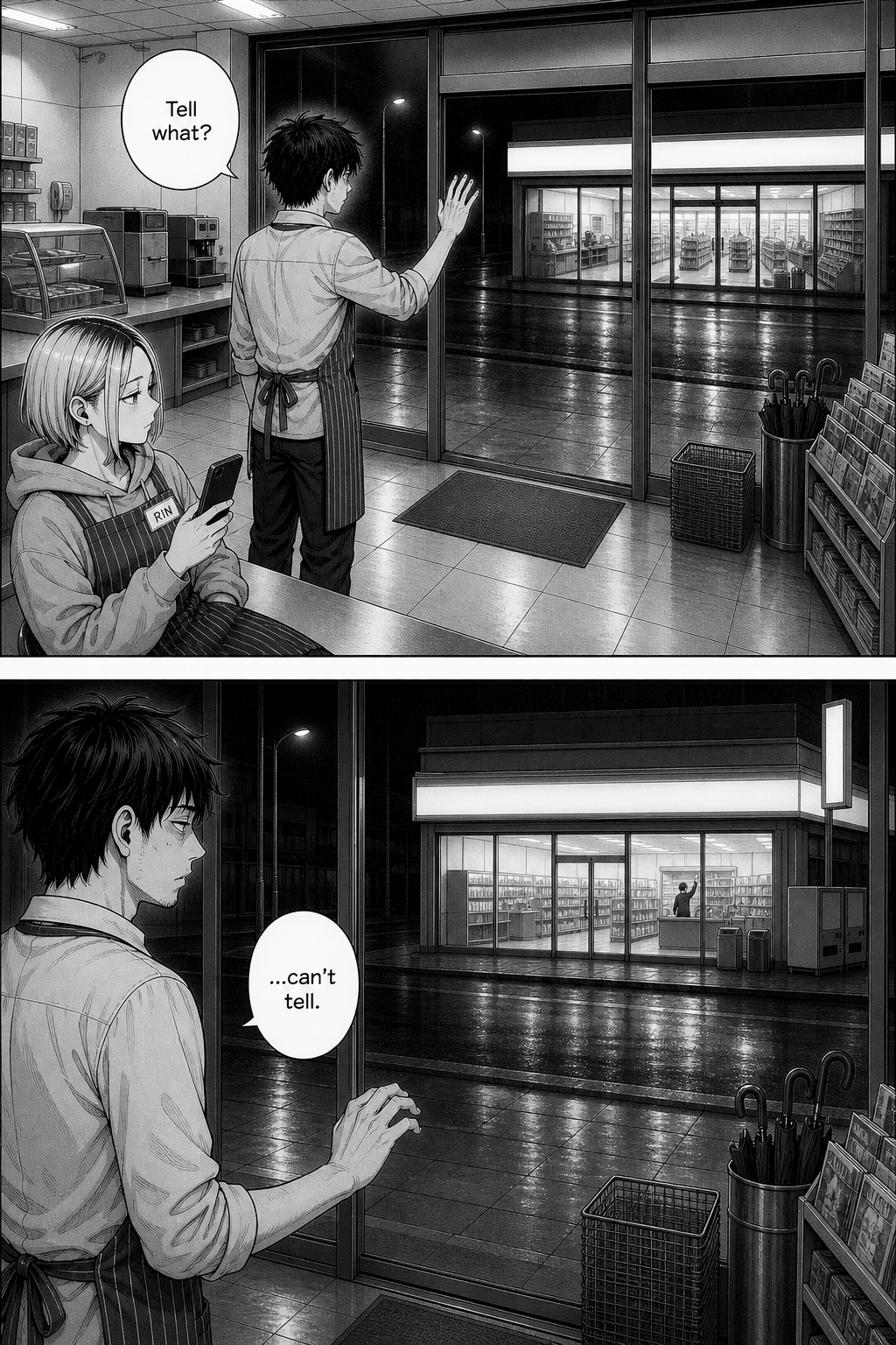 The clerk raises a hand toward the far store; across the street the other clerk's arm is up at the same instant, impossible to read as a wave or a coincidence.