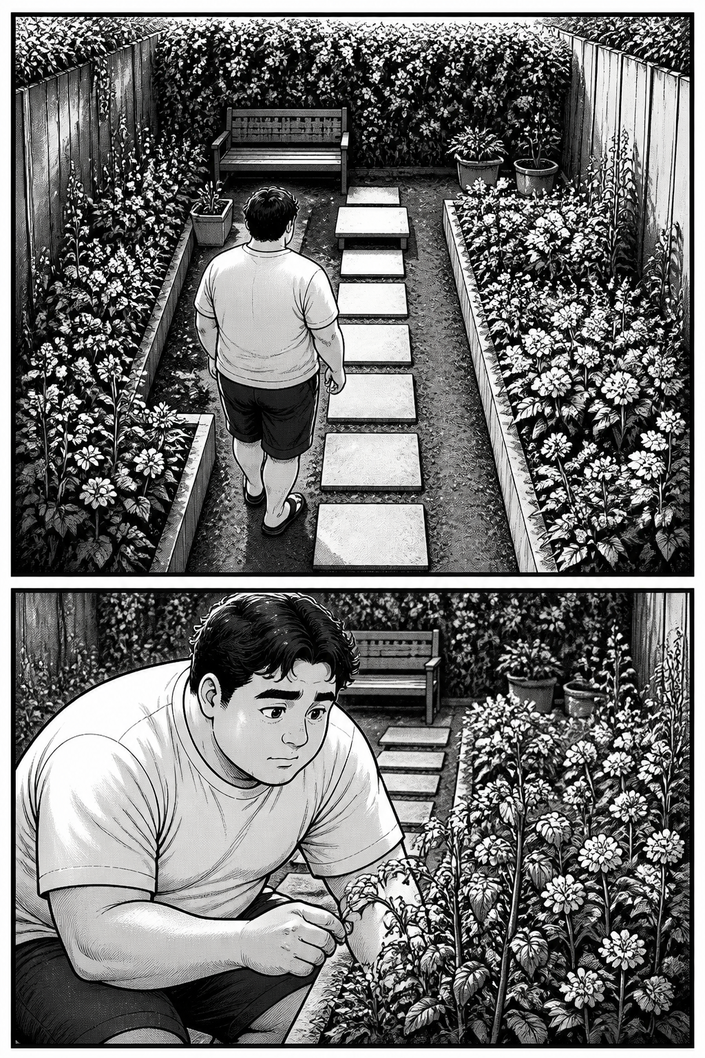 Kai walks through his small flower-filled garden and crouches beside the east flower bed after noticing something unusual among the leaves.