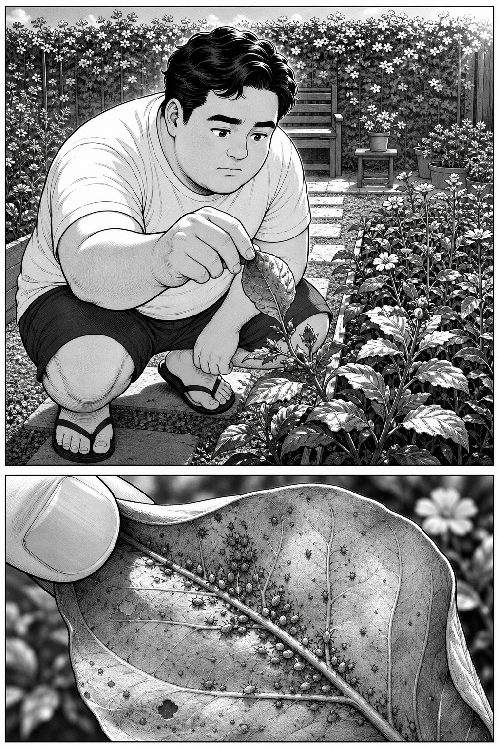 Kai lifts a damaged leaf and discovers a dense cluster of tiny aphids feeding along its underside.